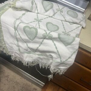 White and Green Heart Patterned Throw Blanket